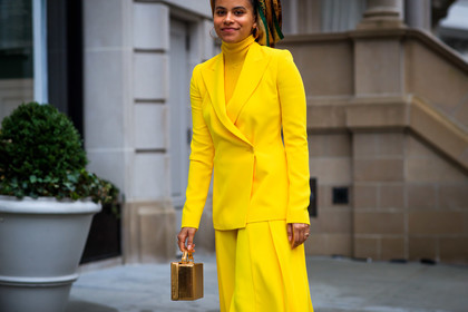 black bag, black shoes, blazer, blue skirt, glitter, high boots, high heels, leather bag, leather shoes, navy jacket, sequined bag, shiny bag, sunglasses, tulle, frenchystyle, jonathan paciullo, street style, NYFW, NEW YORK, AUTUMN WINTER 2019-2020, AW 19-20, FALL WINTER 2019-2020, FW 19-20, fashion week, FW, atmosphere details, horizontal, detail