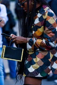 bag, blue jumpsuit, color, hermes bag, jean, jumpsuit, orange scarf, patchwork, printed scarf, scarf, scarf belt, straw bag, Susie Lau, yellow bag, fashion week, frenchystyle, FW, jonathan paciullo, street style, PFW, PARIS, SPRING SUMMER 2022, SS 22, vertical, atmosphere details