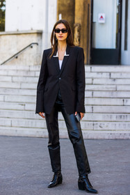 black and white, black blazer, black boots, black monochrome, black pants, blazer, boots, leather pants, monochrome, pants, rectangle sunglasses, sunglasses, street style, jonathan paciullo, FW, frenchystyle, fashion week, PFW, PARIS, SPRING SUMMER 2022, SS 22, vertical, full length, model