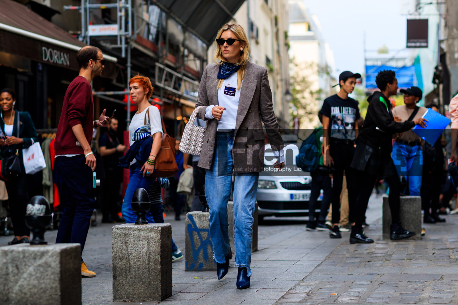 atmosphere details, blazer, blue bandana, blue boots, blue denim, blue scarf, brown jacket, camille charriere, checked jacket, denim pants, fashion week, frenchystyle, full length, FW, high heels, horizontal, jeans, jonathan paciullo, leather bag, leather shoes, PARIS, PFW, plaid, printed t shirt, SPRING SUMMER 2018, SS 18, street style, sunglasses, trousers, white bag, white t shirt