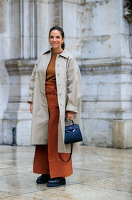 laure heriard dubreuil, light beige trench coat, camel pullover, camel pants, black leather bag, hand bag, hermes bag, kelly hermes bag, fashion week, frenchystyle, FW, jonathan paciullo, street style, PFW, PARIS, vertical, full length
