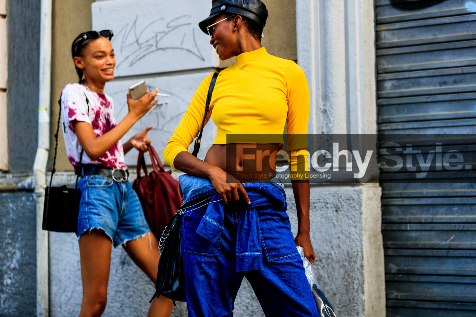 black bag, black hat, blue denim, crop top, denim jumpsuit, denim pants, jeans, leather bag, model, sunglasses, trousers, yellow sweater, fashion week, frenchystyle, FW, jonathan paciullo, street style, MFW, MILAN, SPRING SUMMER 2019, SS 19, atmosphere details, horizontal, detail