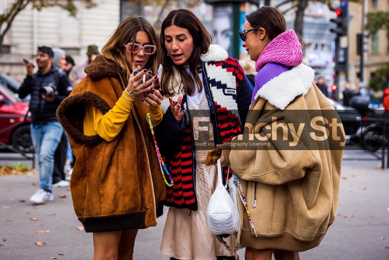 bag, beige coat, brown jacket, camel coat, camel jacket, coat, color, dress, jacket, knitted jacket, miu miu look, nude nude, oversize coat, pink sunglasses, sherling, smartphone, stripes, suedine jacket, sunglasses, wool, fashion week, frenchystyle, FW, jonathan paciullo, street style, PFW, PARIS, SPRING SUMMER 2022, SS 22, horizontal, atmosphere details
