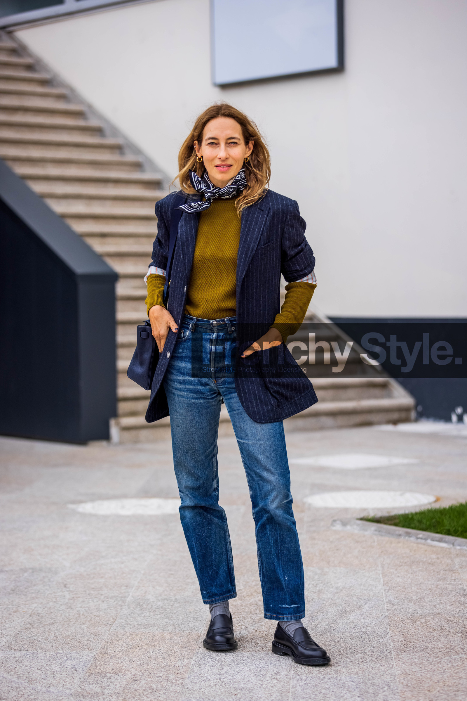 Alexandra Golovanoff, black loafers, black mocassins, blazer, blue denim, blue jean, denim, jean, khaki knitwear, knitwear, loafers, mocassins, navy blazer, navy scarf, printed scarf, scarf, striped blazer, stripes, PARIS, PFW, fashion week, frenchystyle, FW, jonathan paciullo, street style, SPRING SUMMER 2022, SS 22, vertical, full length