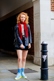 black jacket, black skirt, blazer, blue sneakers, blue socks, fashion week, frenchystyle, full length, FW, jonathan paciullo, leather jacket, leather shoes, LFW, LONDON, model, red scarf, SPRING SUMMER 2018, SS 18, street style, vertical