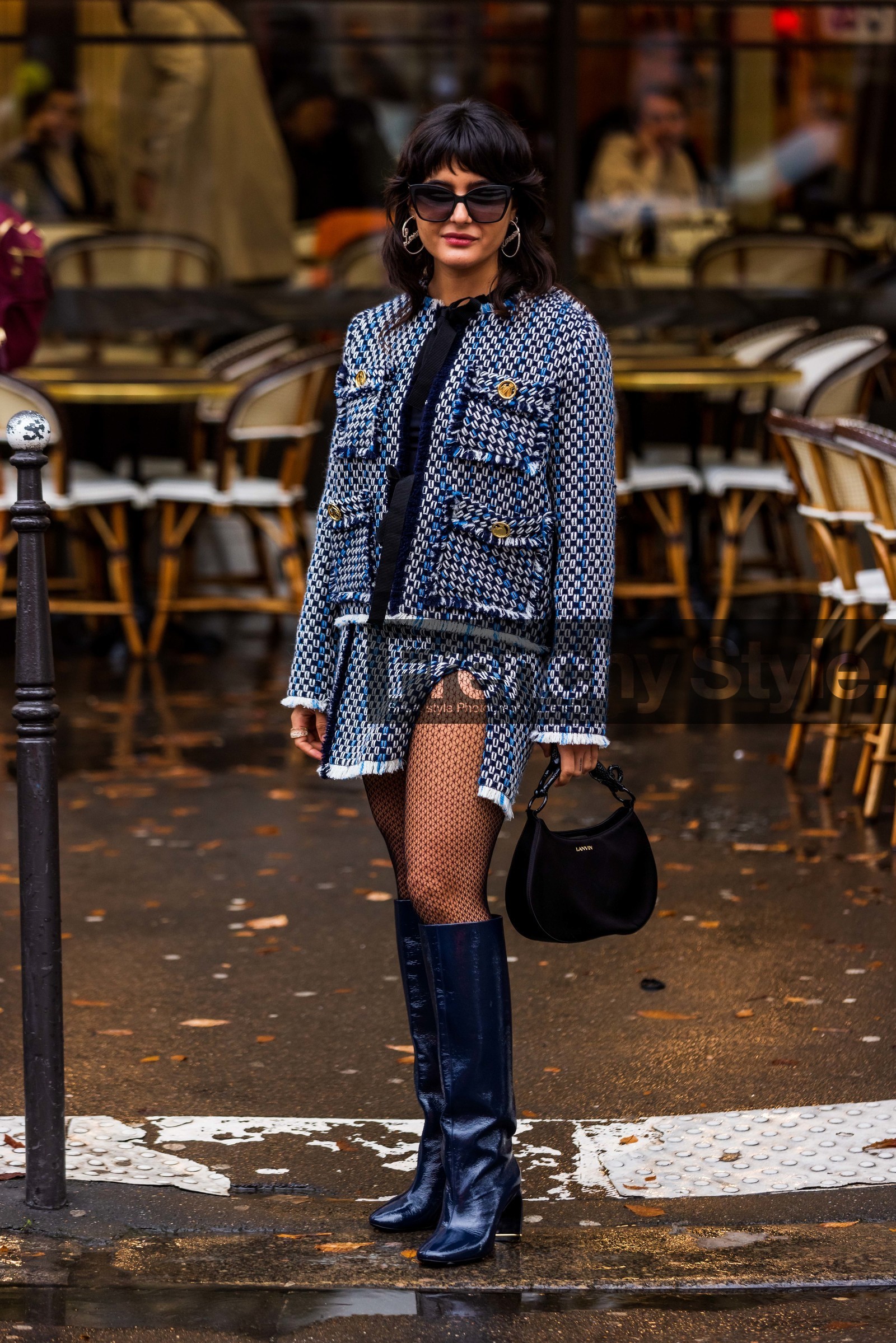bag, black bag, black boots, blue jacket, blue skirt, boots, earrings, high boots, jacket, leather bag, leather boots, Maria Bernad, silver earrings, skirt, tight, tweed jacket, tweed skirt, fashion week, frenchystyle, FW, jonathan paciullo, street style, PFW, PARIS, SPRING SUMMER 2022, SS 22, vertical, full length