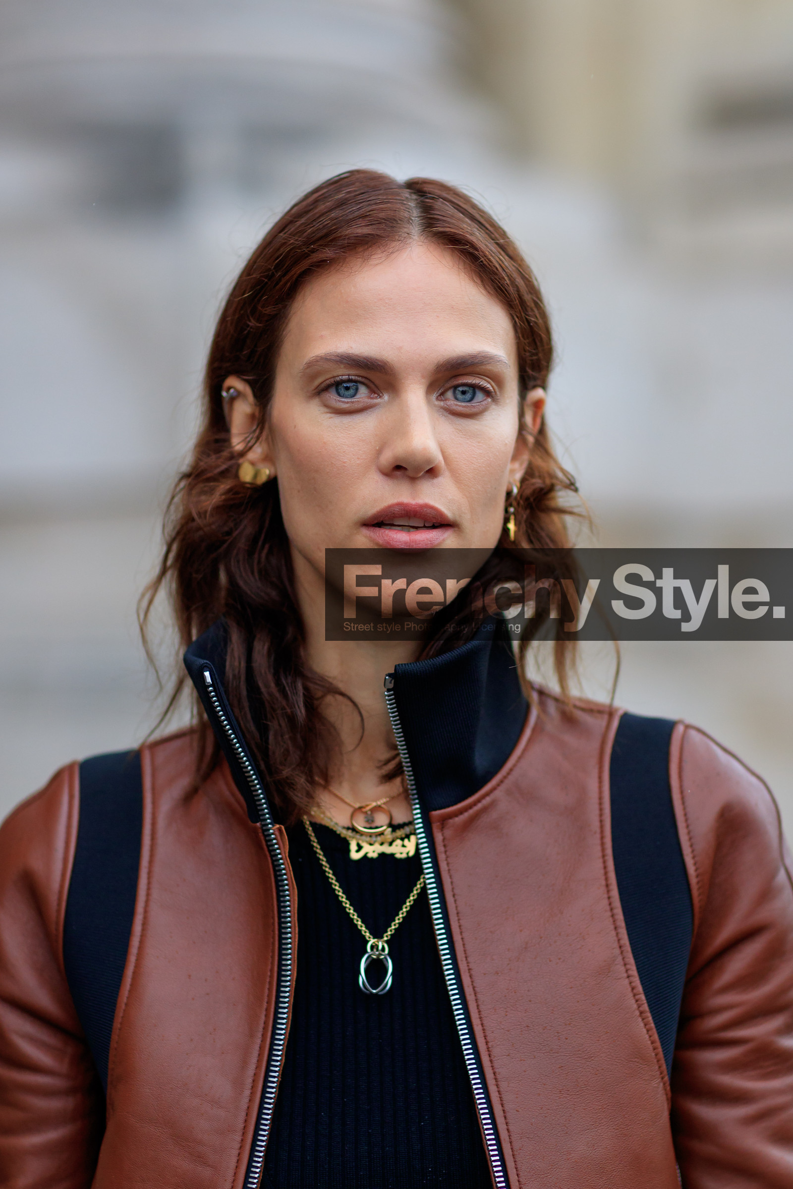 atmosphere details, black sweater, brown jacket, detail, fashion week, frenchystyle, FW, graphic jacket, jonathan paciullo, leather jacket, necklace, PARIS, PFW, printed jacket, SPRING SUMMER 2018, SS 18, street style, vertical, model, portrait, aymeline valade