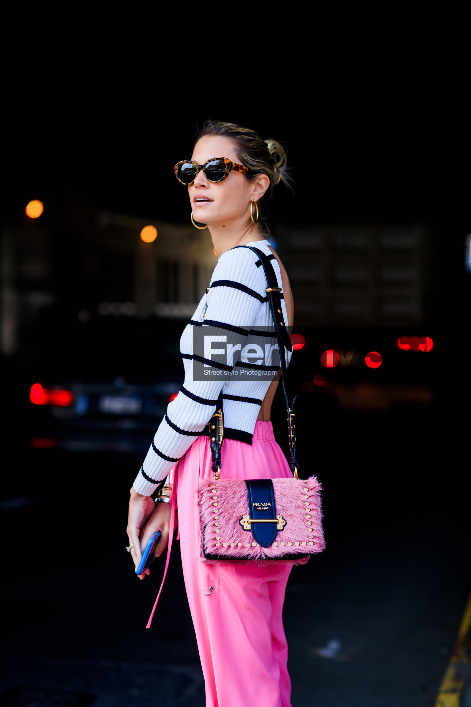 atmosphere details, detail, fashion week, frenchystyle, fur bag, FW, geometric, graphic sweater, helena bordon, high heels, iphone, jonathan paciullo, leather bag, NEW YORK, NYFW, pink bag, pink pants, prada, printed sweater, SPRING SUMMER 2018, SS 18, street style, striped top, sunglasses, trousers, vertical, white sweater