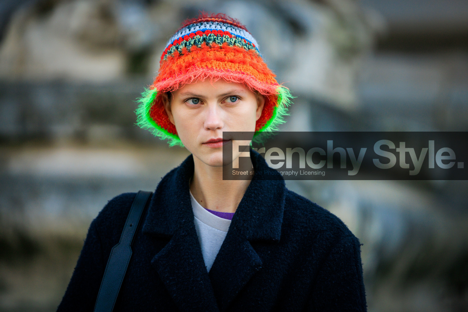 knitted hat, bucket hat, multicolor har, orange hat, black coat, close up, details, fashion week, frenchystyle, FW, jonathan paciullo, street style, PARIS, PFW, SPRING SUMMER 2022, SS 22, atmosphere details, detail, horizontal, model