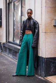 black coat, black crop top, coat, crop top, flare pants, fluid pants, gold necklace, green pants, key necklace, leather coat, necklace, pants, fashion week, frenchystyle, FW, jonathan paciullo, street style, PFW, PARIS, SPRING SUMMER 2022, SS 22, vertical, full length
