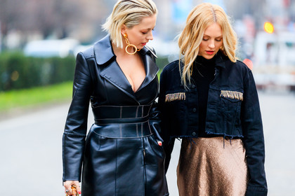 black coat, black denim, bronze, denim jacket, earrings, fringes, leather coat, shiny skirt, fashion week, frenchystyle, FW, jonathan paciullo, street style, MFW, MILAN, AUTUMN WINTER 2018-2019, FALL WINTER 2018-2019, FW 18-19, horizontal, atmosphere details, caroline vreeland, shea marie