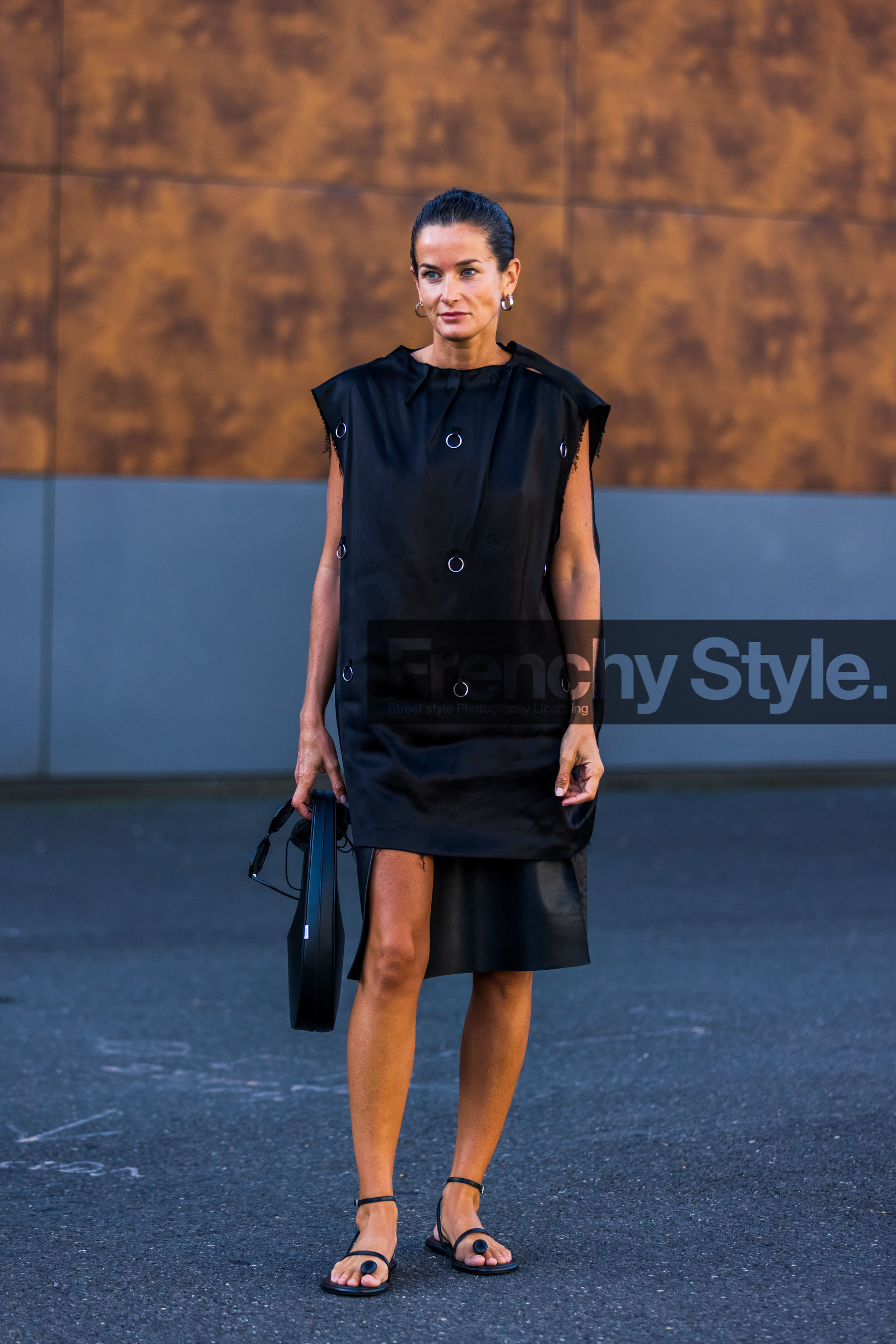 bag, black monochrome, black sandals, black shirt, black skirt, coperni bag, leather bag, leather sandals, leather skirt, Lucy Chadwick, monochrome, sandals, shirt, skirt, sleveless shirt, street style, jonathan paciullo, FW, frenchystyle, fashion week, PFW, PARIS, SPRING SUMMER 2022, SS 22, vertical, full length