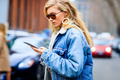 atmosphere details, AUTUMN WINTER 2017-2018, AW 17-18, blue denim, chanel, denim jacket, detail, earrings, elsa hosk, FALL WINTER 2017-2018, fashion week, frenchystyle, FW, FW 17-18, horizontal, jonathan paciullo, MFW, MILAN, model, street style, sunglasses
