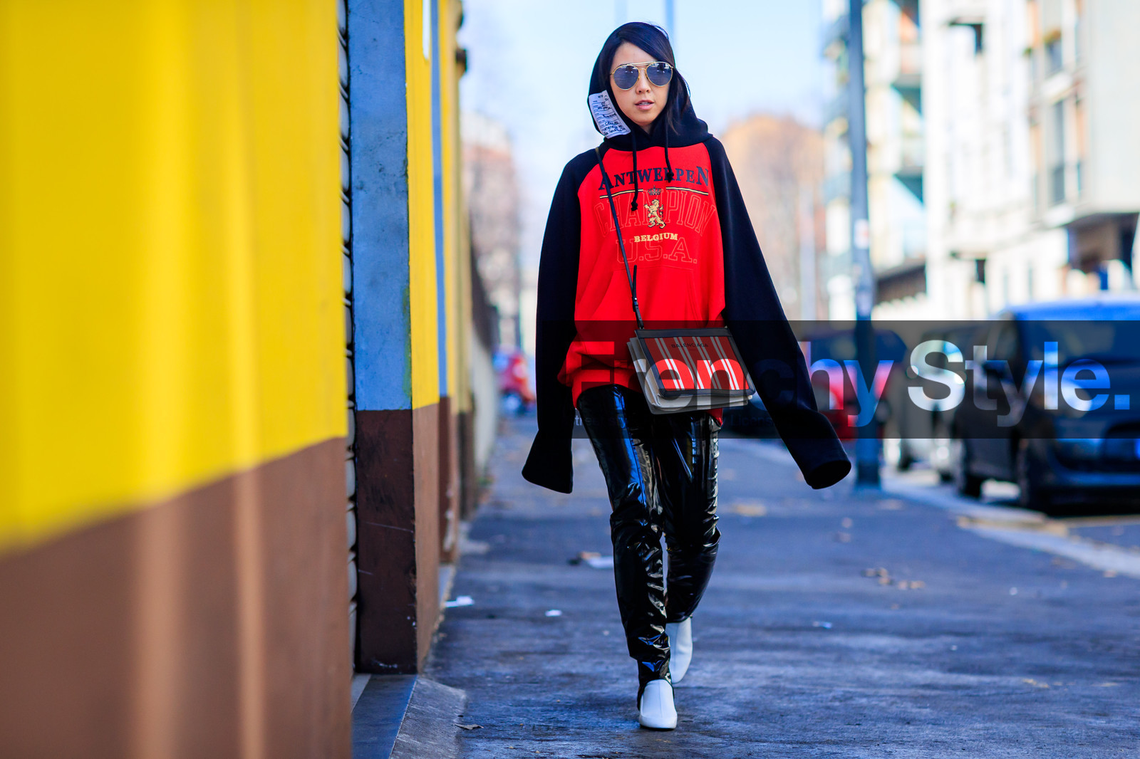 atmosphere details, AUTUMN WINTER 2017-2018, AW 17-18, balenciaga, black pants, FALL WINTER 2017-2018, fashion week, frenchystyle, full length, FW, FW 17-18, hood, hoodie, horizontal, jonathan paciullo, leather bag, leather pants, leather shoes, MFW, MILAN, printed bag, red bag, red sweater, street style, striped bag, sunglasses, trousers, vêtements, white shoes