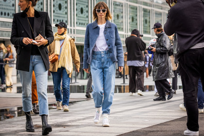 adidas, Anya Ziourova, blue denim, blue jacket, blue jean, denim, jacket, jean, sneakers, suede jacket, sunglasses, t-shirt, white sneakers, white sunglasses, white t-shirt, fashion week, frenchystyle, FW, jonathan paciullo, street style, PFW, PARIS, SPRING SUMMER 2022, SS 22, atmosphere details, full length, horizontal