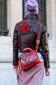 atmosphere details, AUTUMN WINTER 2017-2018, AW 17-18, back detail, brown jacket, detail, embroidered jacket, FALL WINTER 2017-2018, fashion week, floral, flower, frenchystyle, FW, FW 17-18, gucci, jonathan paciullo, leather bag, leather jacket, PARIS, PFW, pink skirt, printed bag, purple beanie, red bag, street style, velvet, vertical