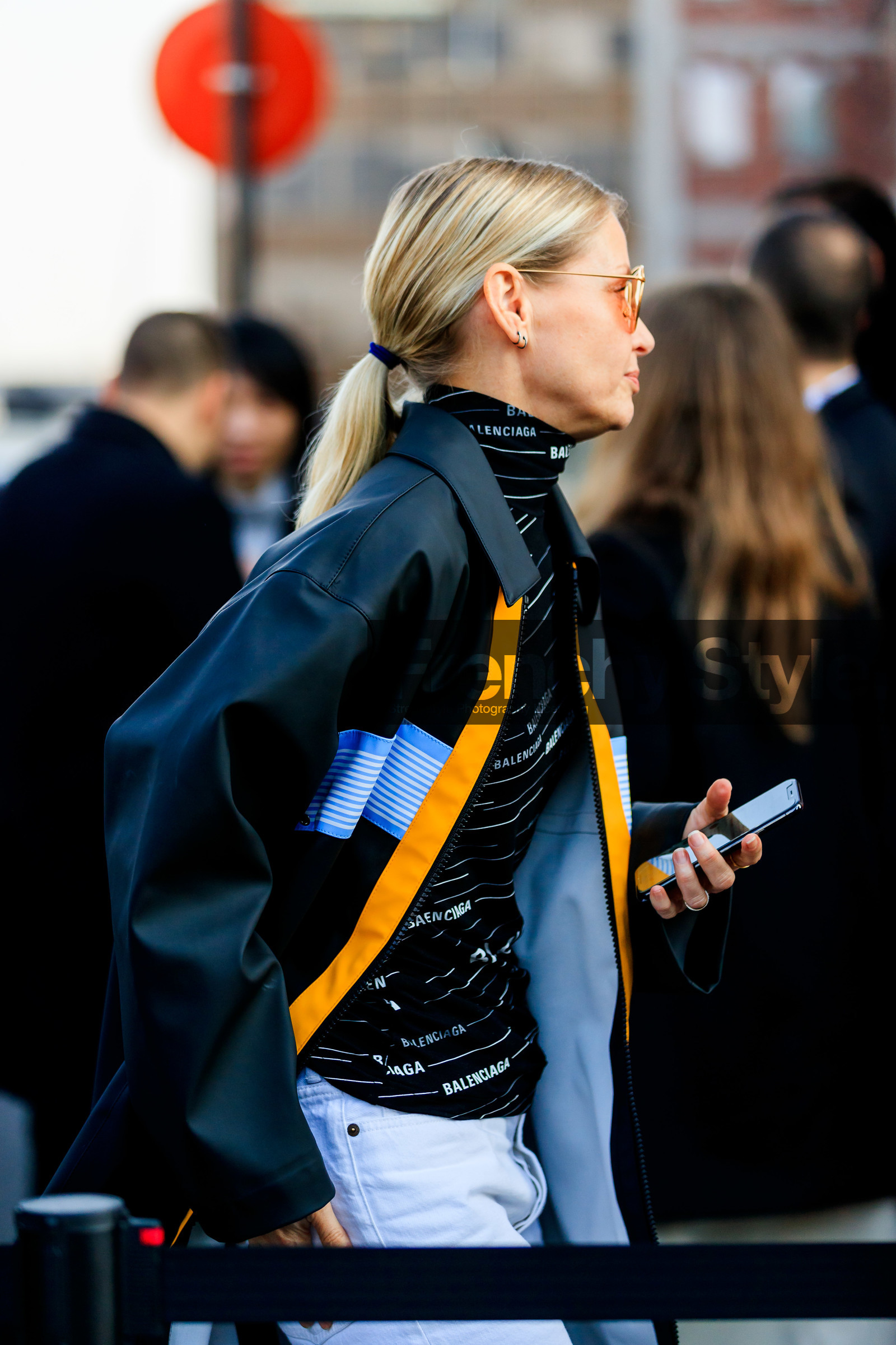 balenciaga, black jacket, black turtleneck, graphic sweater, holli rogers, printed sweater, sunglasses, fashion week, frenchystyle, FW, jonathan paciullo, street style, MFW, MILAN, AUTUMN WINTER 2019-2020, AW 19-20, FALL WINTER 2019-2020, FW 19-20, vertical, atmosphere details, detail