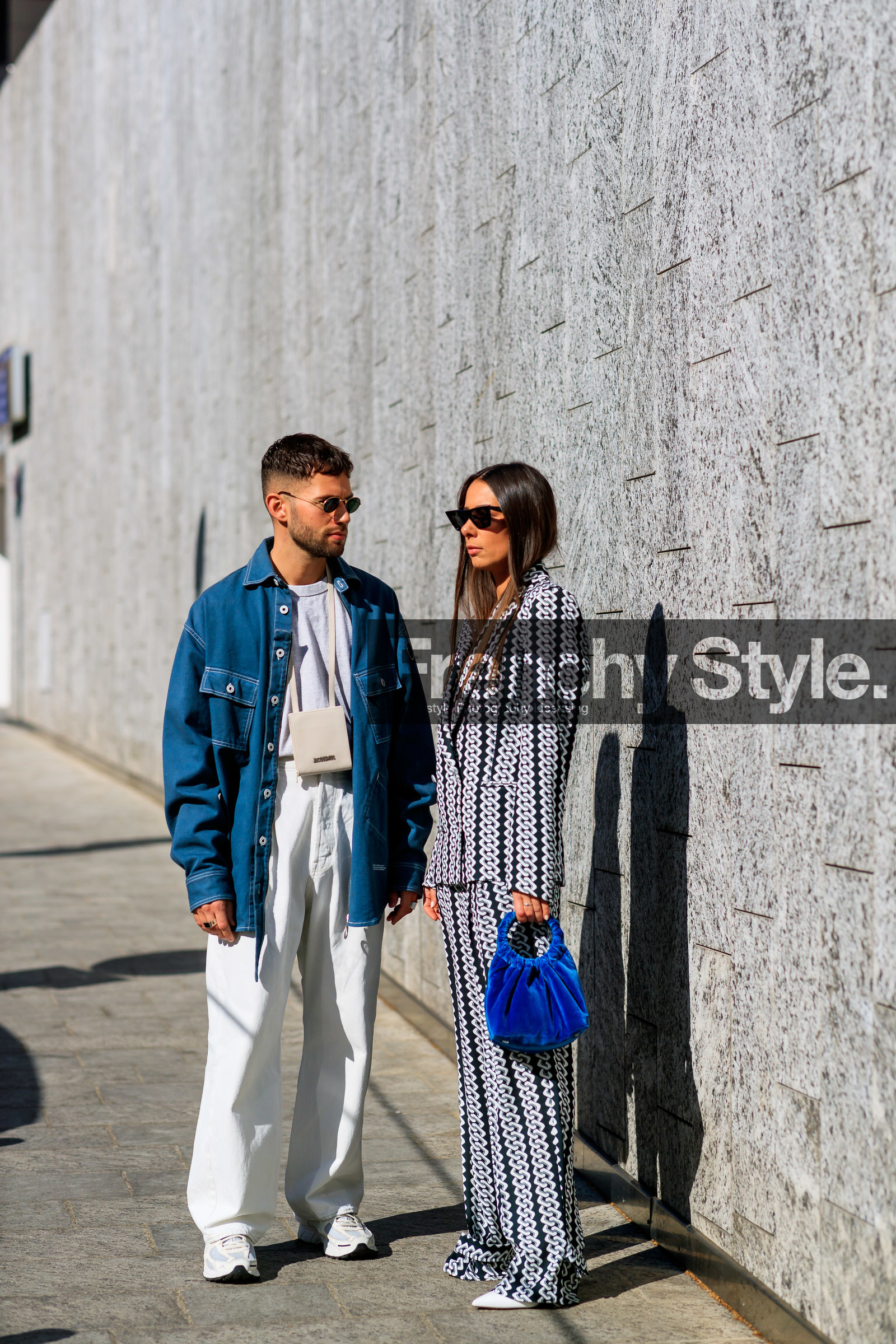 alice & j.s, black and white, blazer, blue bag, blue jacket, denim pants, graphic jacket, graphic pants, graphic suit, jacquemus, jeans, leather bag, leather shoes, printed jacket, printed pants, printed suit, sunglasses, trousers, velvet, white bag, white denim, white shoes, white sneakers, white t shirt, MILAN, MFW, fashion week, frenchystyle, FW, jonathan paciullo, street style, AUTUMN WINTER 2019-2020, AW 19-20, FALL WINTER 2019-2020, FW 19-20, vertical, full length