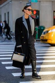 sophia roe, grey jacket, black coat, black pants, black leather boots, black t-shirt, white bag, tory burch bag, hand bag, flat boots, high boots, carrot pants, black sunglasses, futurist shape sunglasses, celine sunglasses, oversize coat, fashion week, frenchystyle, FW, jonathan paciullo, street style, FALL WINTER 2020-2021, AUTUMN WINTER 2020-2021, FW 20-21, vertical, full length, NYFW, NEW YORK