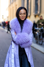 blue denim, denim pants, fur collar, jeans, leather coat, purple coat, purple fur, trousers, yoyo cao, MILAN, MFW, fashion week, frenchystyle, FW, jonathan paciullo, street style, AUTUMN WINTER 2019-2020, AW 19-20, FALL WINTER 2019-2020, FW 19-20, vertical, atmosphere details, detail