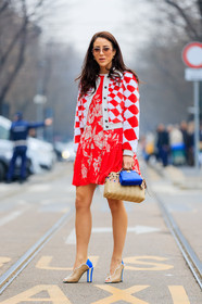 AUTUMN WINTER 2017-2018, AW 17-18, beige bag, beige shoes, blue bag, checked sweater, FALL WINTER 2017-2018, fashion week, fendi, floral, flower, frenchystyle, full length, FW, FW 17-18, geometric, graphic dress, graphic shoes, graphic sweater, high heels, jonathan paciullo, leather bag, leather shoes, MFW, MILAN, mini bag, printed dress, printed sweater, red cardigan, red dress, street style, sunglasses, tamara kalinic, vertical
