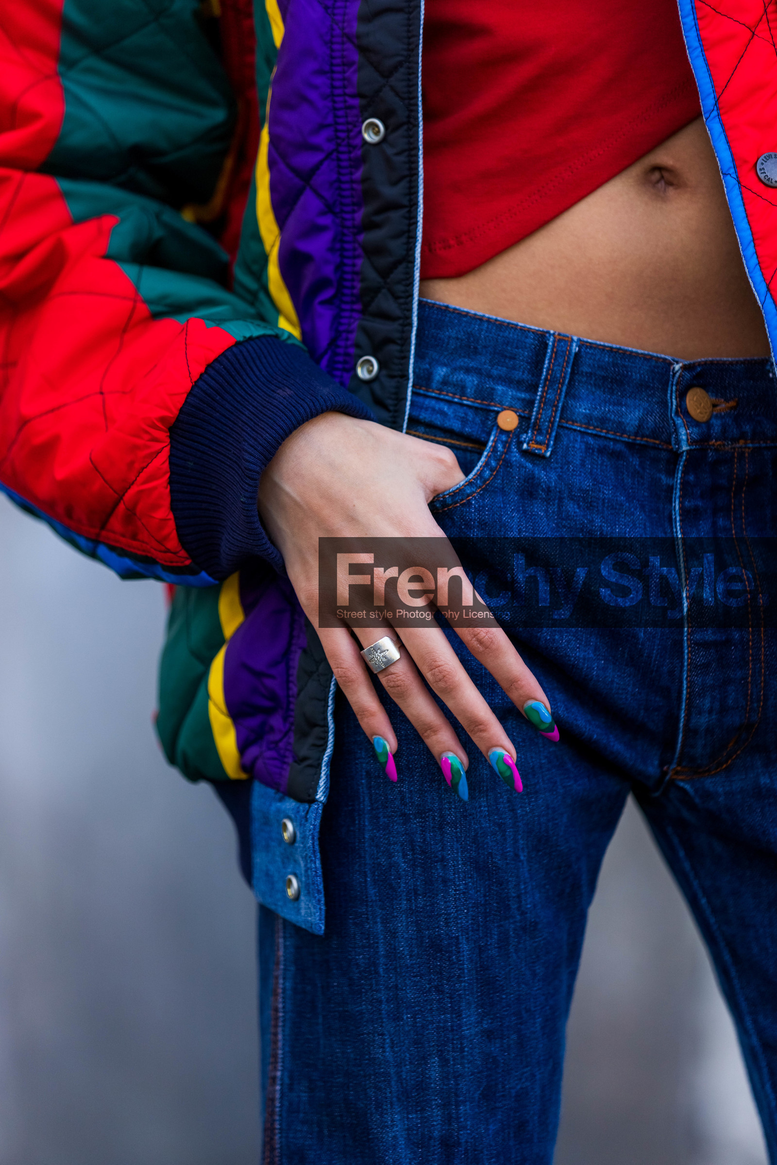 blue denim, blue nails, close up, color, denim, detail, jacket, nailsart, pink nails, quilted jacket, red jacket, red top, ring, silver ring, street style, jonathan paciullo, FW, frenchystyle, fashion week, PFW, PARIS, SPRING SUMMER 2022, SS 22, vertical, atmosphere details