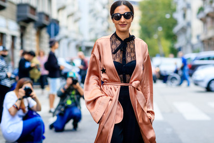 atmosphere details, black bra, black pants, black shirt, detail, fashion week, frenchystyle, FW, horizontal, jonathan paciullo, MFW, MILAN, nausheen shah, pink jacket, robe, see through, silk shirt, SPRING SUMMER 2017, SS 17, street style, sunglasses, trousers