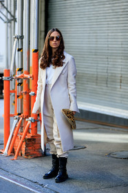 erika boldrin, light beige jacket, light beige pants, light beige suits, white t-shirt, long jacket, aviator sunglasses, metalic frame sunglasses, black leather boots, flat boots, laced boots, leopard printed clutch, fashion week, frenchystyle, FW, jonathan paciullo, street style, FALL WINTER 2020-2021, AUTUMN WINTER 2020-2021, FW 20-21, vertical, full length, NYFW, NEW YORK