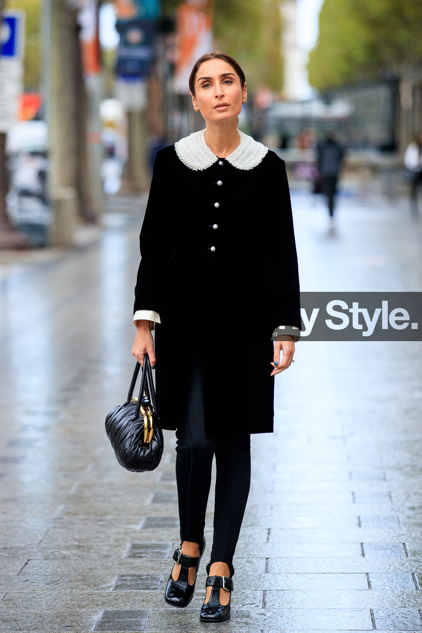 geraldine boublil, black dress, black jacket, black legging, black leather bag, black polish shoes, velvet dress, velvet jacket, collar details, button dress, button jacket, jacket dress, hand bag, polish shoes, miu miu bag, miu miu dress, miu miu jacket, miu miu shoes, miu miu look, PARIS, PFW, fashion week, frenchystyle, FW, jonathan paciullo, street style, SPRING SUMMER 2021, SS 21, vertical, full length