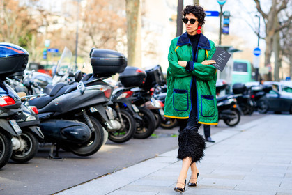 atmosphere details, AUTUMN WINTER 2017-2018, AW 17-18, black shoes, black skirt, earrings, FALL WINTER 2017-2018, fashion week, feathers, frenchystyle, full length, FW, FW 17-18, green jacket, high heels, horizontal, jonathan paciullo, leather shoes, miu miu, PARIS, PFW, street style, sunglasses, trousers, yasmin sewell
