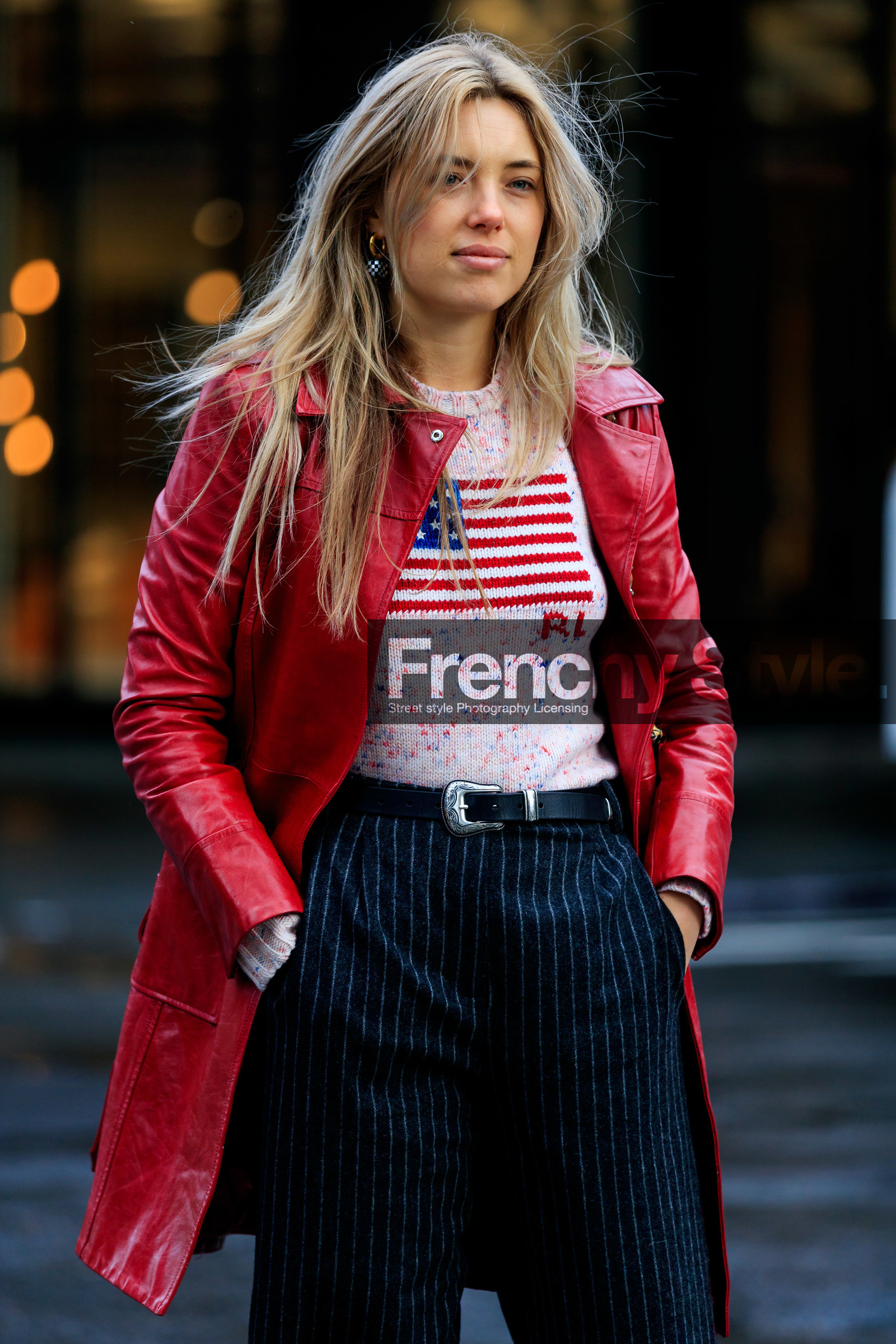 aemilia madden, red leather jacket, long jacket, ralph lauren pullover, light pink pullover, black leather belt, dark grey pants, striped pants, cowboy belt, fashion week, frenchystyle, FW, jonathan paciullo, street style, AUTUMN WINTER 2020-2021, FALL WINTER 2020-2021, FW 20-21, vertical, atmosphere details, detail, NYFW, NEW YORK
