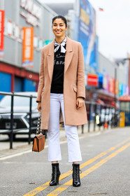 AUTUMN WINTER 2016-2017, AW 16-17, beige coat, black boots, black sweater, camel bag, caroline issa, denim pants, fashion week, frenchystyle, full length, FW, FW 16-17, high heels, jeans, jonathan paciullo, lace up shoes, leather bag, leather boots, NEW YORK, NYFW, printed sweater, street style, trousers, vertical, white denim, white scarf, woman
