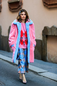 blue pants, checked, Fur coat, graphic pants, hair clip, leather shoes, pink coat, pink fur, pink sweater, plaid, printed pants, tartan, transparent shoes, trousers, MILAN, MFW, fashion week, frenchystyle, FW, jonathan paciullo, street style, AUTUMN WINTER 2019-2020, AW 19-20, FALL WINTER 2019-2020, FW 19-20, vertical, full length