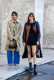 beige trench, bicolor, black boots, black coat, black dress, black skirt, black top, boots, brown bag, brown coat, coat, denim, duo, Eugénie Trochu, flare pants, gold shoes, gucci bag, jean, large denim, large jean, leather bag, leather boots, leather coat, logo bag, logo print, long coat, manu atelier bag, mini skirt, pleated skirt, printed bag, short dress, skirt, trench, fashion week, frenchystyle, FW, jonathan paciullo, street style, PFW, PARIS, SPRING SUMMER 2022, SS 22, vertical, full length