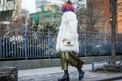atmosphere details, AUTUMN WINTER 2016-2017, AW 16-17, black boots, chanel, dyed hair, FALL WINTER 2016-2017, fashion week, frenchystyle, full length, fur coat, fur jacket, FW, FW 16-17, horizontal, irene kim, jonathan paciullo, leather bag, leather boots, metallic skirt, NEW YORK, NYFW, pink hair, pleated skirt, street style, sunglasses, white bag, white fur, woman