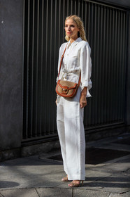 leonie hanne, white jumpsuit, long sleeves jumpsuit, linen jumpsuits, belted jumpsuit, etro bag, camel leather bag, beige bag, crossbody bag, beige suede sandals, high heels sandals, open toe shoes, etro shoes, fashion week, frenchystyle, FW, jonathan paciullo, street style, MFW, MILAN, AUTUMN WINTER 2020-2021, FALL WINTER 2020-2021, FW 20-21, vertical, full length