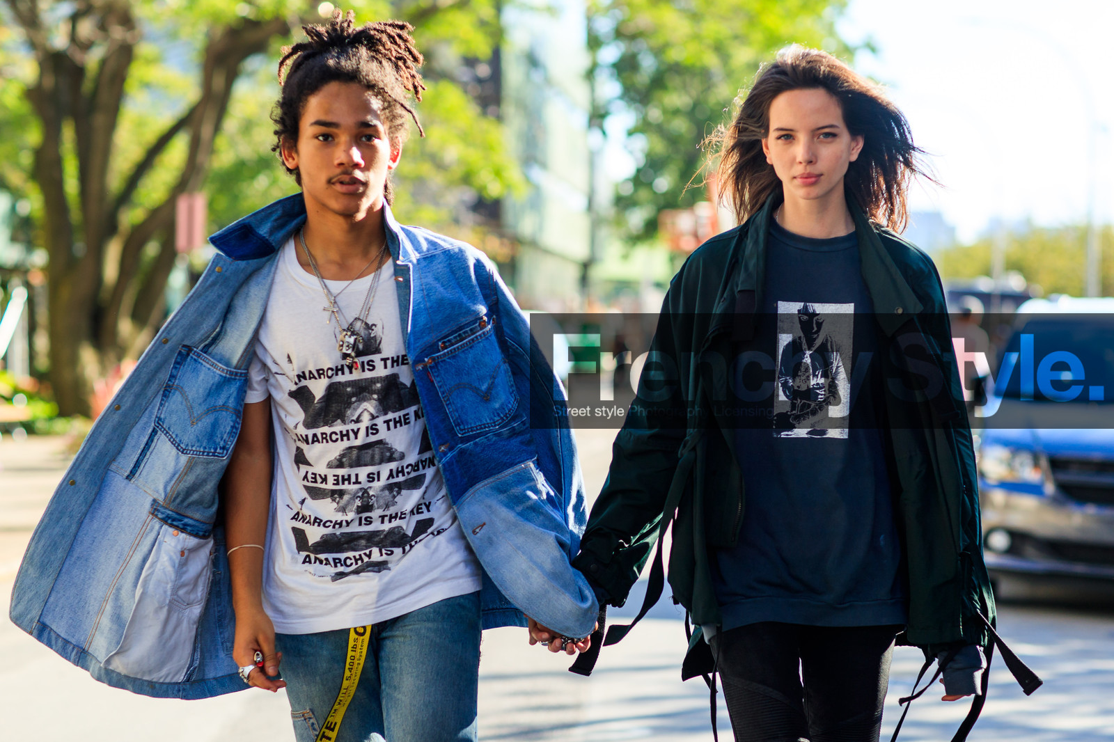 atmosphere details, black denim, black t shirt, blue denim, denim jacket, denim pants, detail, fashion week, frenchystyle, FW, green jacket, horizontal, jeans, jonathan paciullo, luka sabbat, NEW YORK, NYFW, patchwork, printed t shirt, ripped pants, SPRING SUMMER 2017, SS 17, street style, trousers, white t shirt, woman