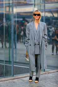 black shoes, blazer, céline, grey coat, grey jacket, grey pants, grey suit, high heels, jeanette madsen, leather shoes, sunglasses, trousers, MILAN, MFW, fashion week, frenchystyle, FW, jonathan paciullo, street style, AUTUMN WINTER 2019-2020, AW 19-20, FALL WINTER 2019-2020, FW 19-20, vertical, full length