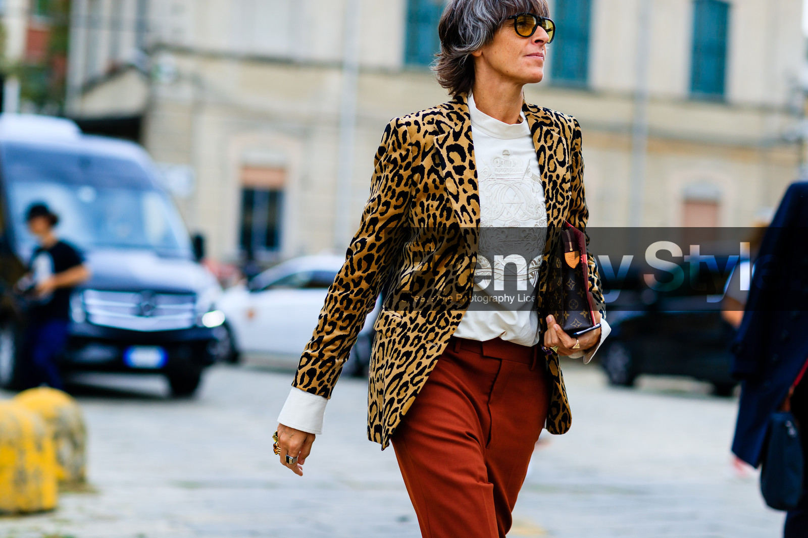 animal print, atmosphere details, blazer, brown bag, detail, fashion week, frenchystyle, FW, horizontal, jonathan paciullo, leather bag, leopard print, louis vuitton, MFW, MILAN, monogram, printed bag, printed jacket, red pants, SPRING SUMMER 2017, SS 17, street style, sunglasses, trousers, white sweater, white top