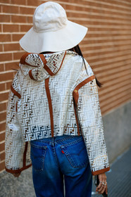 blue denim, denim pants, fendi, graphic jacket, jeans, monogram, printed jacket, transparent jacket, trousers, white hat, yoyo cao, MILAN, MFW, fashion week, frenchystyle, FW, jonathan paciullo, street style, AUTUMN WINTER 2019-2020, AW 19-20, FALL WINTER 2019-2020, FW 19-20, vertical, atmosphere details, detail