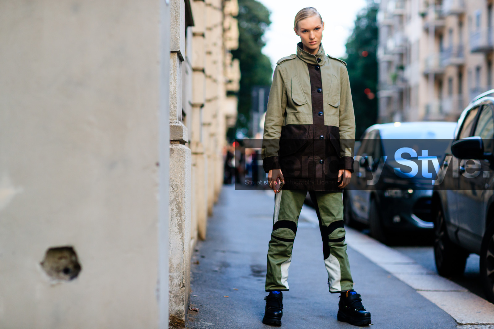 atmosphere details, black boots, fashion week, frenchystyle, full length, FW, green jacket, green pants, horizontal, jess picton warlow, jonathan paciullo, leather shoes, MFW, MILAN, model, printed pants, SPRING SUMMER 2017, SS 17, street style, trousers