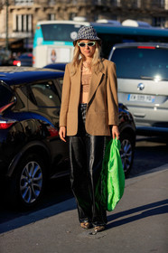 black pants, blazer, brown top, bucket hat, camel jacket, christian dior, crop top, green bag, leather bag, leather pants, leather shoes, monogram, sunglasses, trousers, PARIS, PFW, street style, jonathan paciullo, FW, frenchystyle, fashion week, AUTUMN WINTER 2019-2020, AW 19-20, FALL WINTER 2019-2020, FW 19-20, vertical, full length