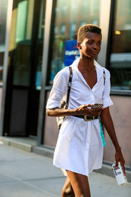 backpack, black belt, leather bag, leather belt, model, shirt dress, white dress, fashion week, frenchystyle, FW, jonathan paciullo, street style, NYFW, NEW YORK, SPRING SUMMER 2019, SS 19, vertical, detail, atmosphere details