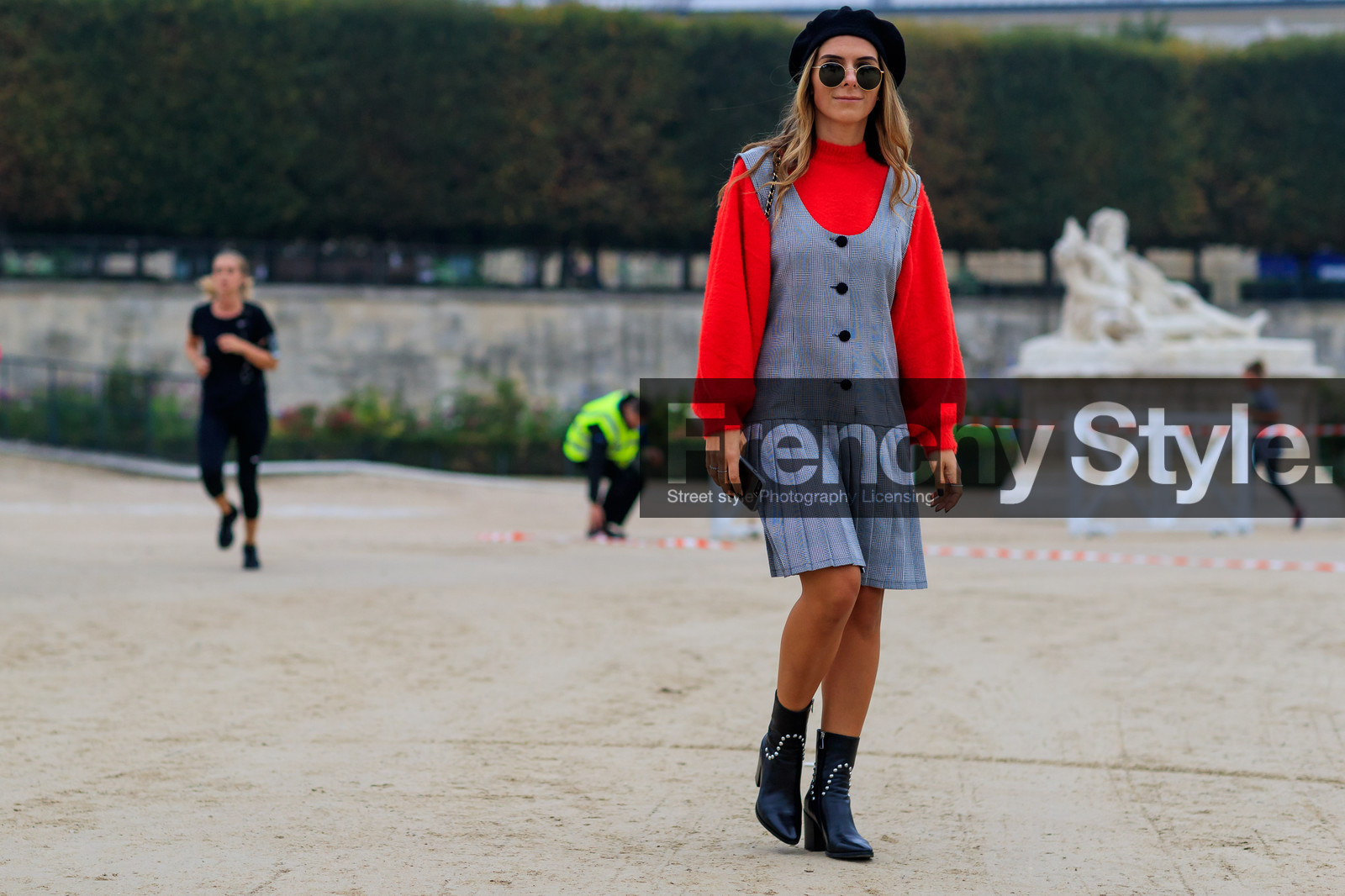 atmosphere details, beret, black bag, black boots, black hat, black shoes, checked dress, fashion week, frenchystyle, full length, FW, graphic dress, grey dress, high heels, horizontal, jonathan paciullo, leather bag, leather shoes, PARIS, PFW, plaid, pleated dress, printed dress, red shirt, red sweater, SPRING SUMMER 2018, SS 18, street style, sunglasses