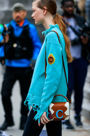 blue sweater, brown bag, freckles, graphic bag, leather bag, model, ponytail, printed bag, red lips, PARIS, PFW, street style, jonathan paciullo, FW, frenchystyle, fashion week, AUTUMN WINTER 2019-2020, AW 19-20, FALL WINTER 2019-2020, FW 19-20, vertical, atmosphere details, detail