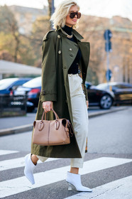 beige bag, black sweater, green coat, leather bag, leather shoes, necklace, sunglasses, trousers, turtleneck sweater, white pants, white shoes, xenia adonts, MILAN, MFW, fashion week, frenchystyle, FW, jonathan paciullo, street style, AUTUMN WINTER 2019-2020, AW 19-20, FALL WINTER 2019-2020, FW 19-20, vertical, full length