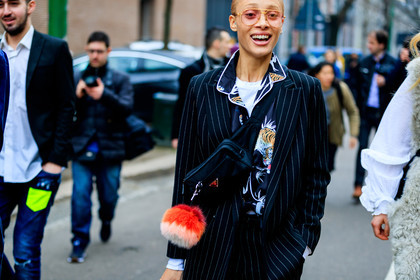adwoa aboah, atmosphere details, AUTUMN WINTER 2017-2018, AW 17-18, black bag, black jacket, black shirt, blazer, detail, FALL WINTER 2017-2018, fanny pack, fashion week, fluffy bag, frenchystyle, FW, FW 17-18, horizontal, jonathan paciullo, leather bag, MFW, MILAN, model, prada, printed shirt, street style, striped jacket, sunglasses, trousers, white t shirt