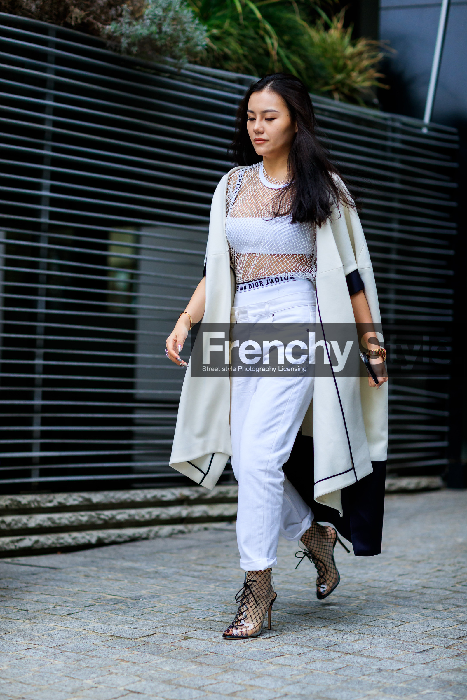 AUTUMN WINTER 2017-2018, AW 17-18, bra, checked shoes, christian dior, FALL WINTER 2017-2018, fashion week, fishnet, frenchystyle, full length, FW, FW 17-18, graphic shoes, high heels, jonathan paciullo, leather shoes, PARIS, PFW, street style, transparent shoes, trousers, vertical, white coat, white jacket, white top