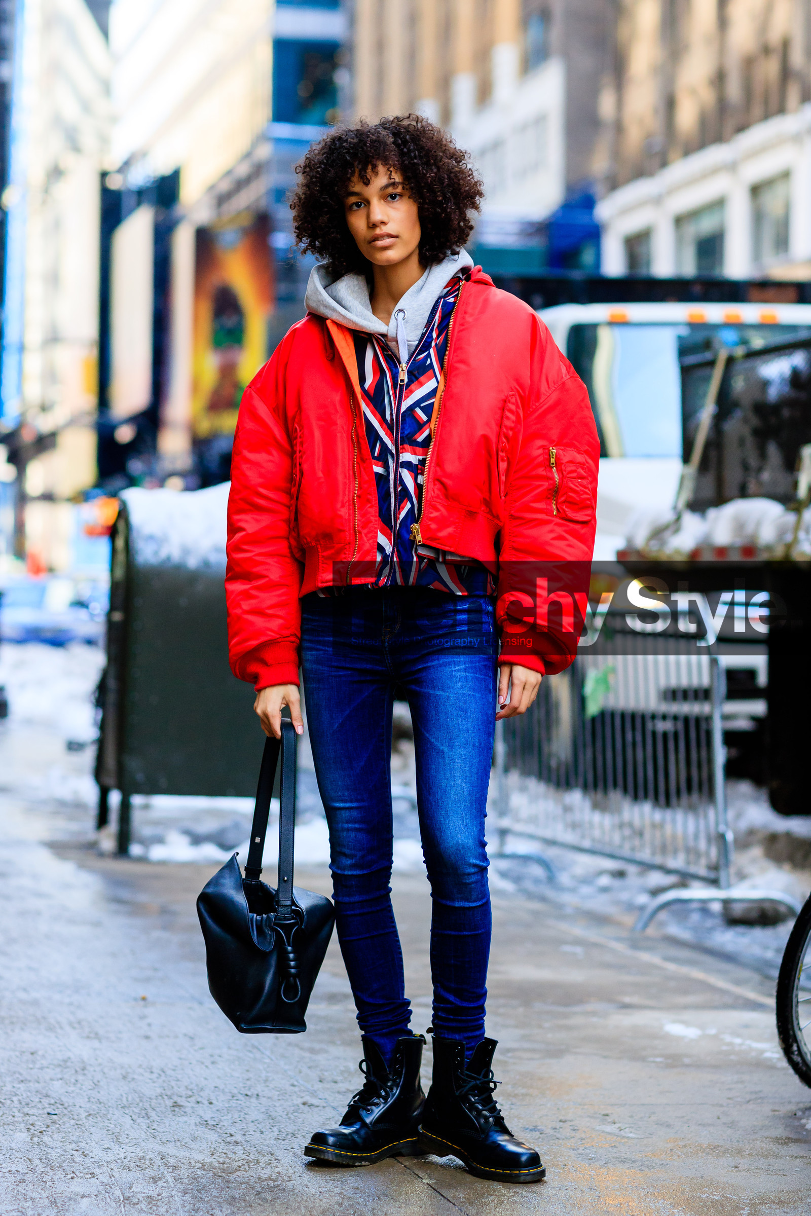 AUTUMN WINTER 2017-2018, AW 17-18, black bag, black boots, blue denim, denim pants, dr martens, FALL WINTER 2017-2018, fashion week, frenchystyle, full length, FW, FW 17-18, graphic jacket, grey sweater, hoodie, jeans, jonathan paciullo, leather bag, leather boots, loewe, model, NEW YORK, NYFW, printed jacket, red jacket, street style, trousers, vertical