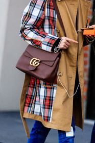 beige coat, blue denim, brown bag, checked, denim pants, graphic jacket, gucci, jeans, leather bag, plaid, printed jacket, tartan, trench coat, trousers, fashion week, frenchystyle, FW, jonathan paciullo, street style, MFW, MILAN, AUTUMN WINTER 2018-2019, FALL WINTER 2018-2019, FW 18-19, vertical, detail, atmosphere details